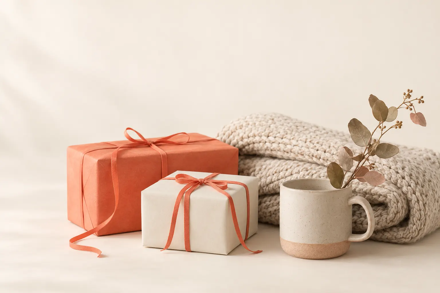 A simple flat illustration of wrapped holiday gifts on a table with mugs and evergreen branches.