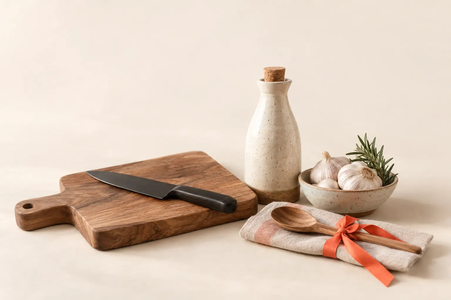 A simple flat illustration of kitchen gifts with utensils, spices, a cookbook, and vegetables.